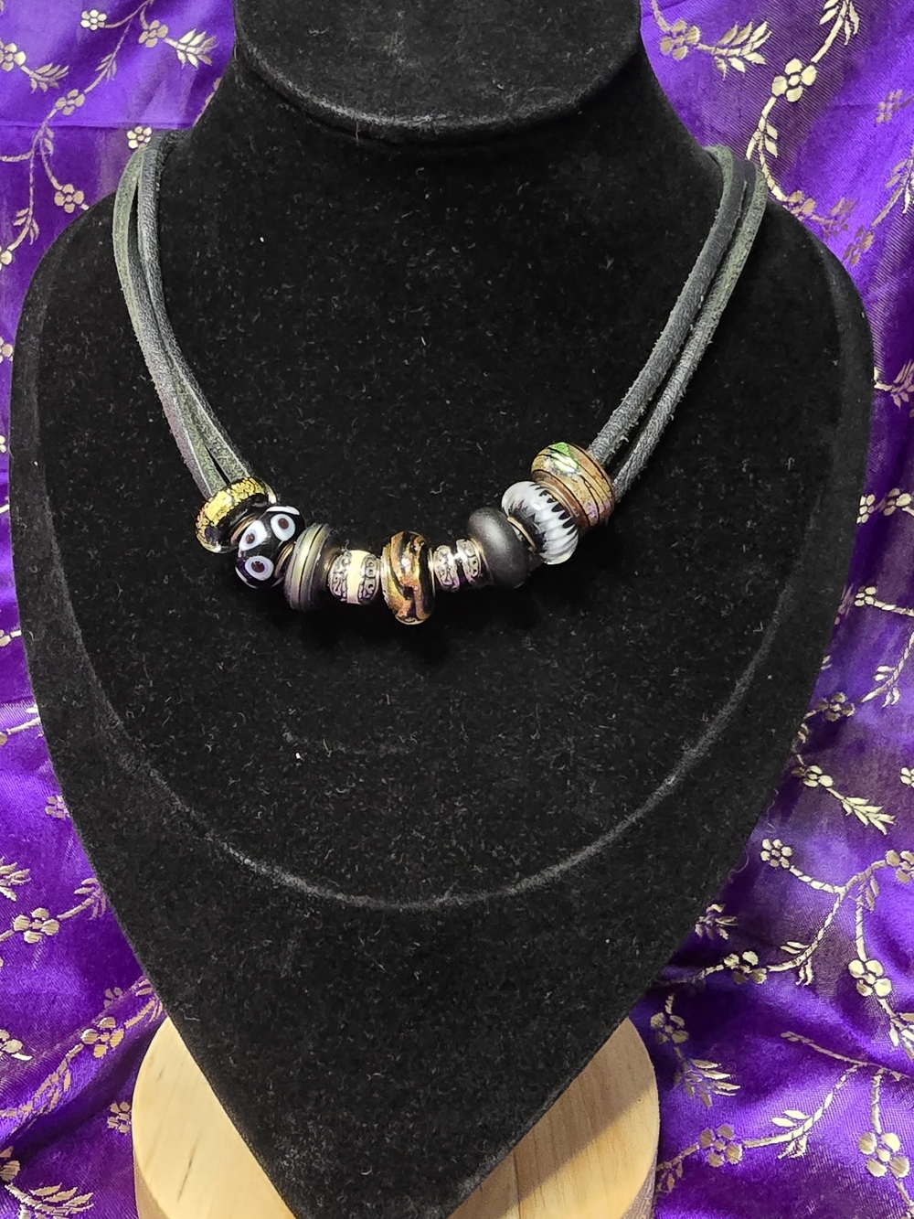 Trollbeads Black Cord Necklace with Gold, White & Black Murano Beads